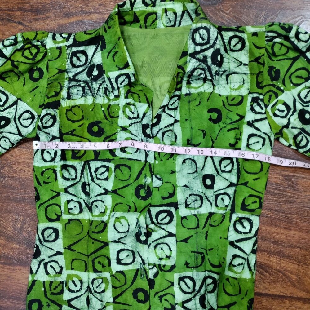 African Handsewn Print Tribal Cotton Puff Sleeve Office Button-Up Shirt Green S - Picture 11 of 11